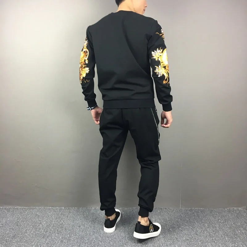 Mens Autumn Casual Tracksuit Two Piece Set Fashion Embroidery Sportswear Long Sleeve Pullover Tops Sweatpants Matching Sets Men