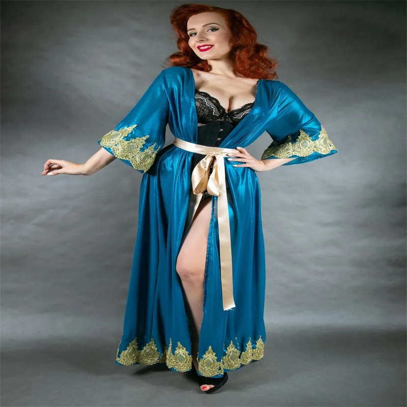 

Royal Blue Bride Sleepwear Robes With Belt Soft Silk Satin Gold Lace Custom Made Women Sleepwear Formal Pajamas Hot Sale