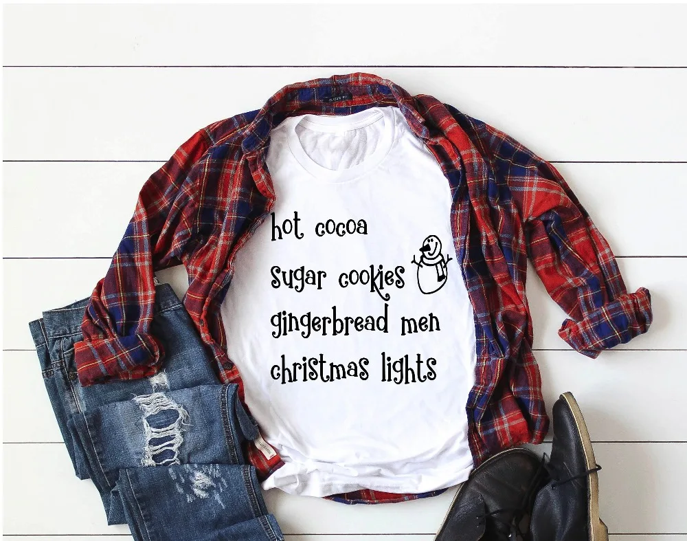 Christmas List T-shirt Casual Harajuku Aesthetic Tees Tops Hot Cocoa Sugar Cookies Christmas Light Cute Snowman Shirt Girl Gift