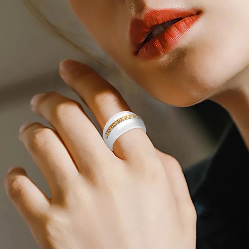 Unique Design Black & White Ceramic Rings For Women Gold Color Metal Cubic Zircon Channel Ceramic Wedding Jewelry