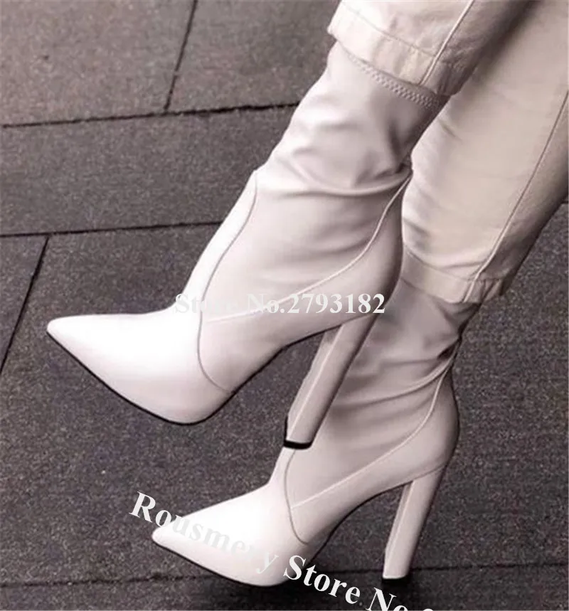 

Newest Fashion Pointed Toe Chunky Heel Short Boots White Black Leather Slip-on Thick High Heel Ankle Booties Dress Shoes