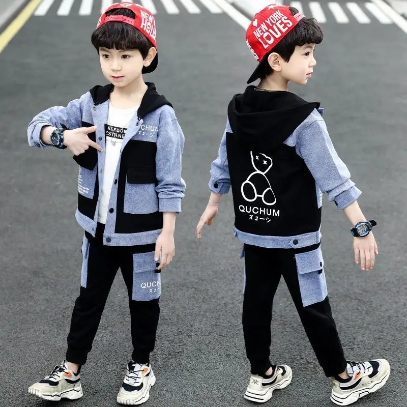 Boys Clothing Sets For Spring & Autumn 2024 New Fashion Hooded Patchwork Jackets With Trousers Two Pieces Suit Handsome Clothes