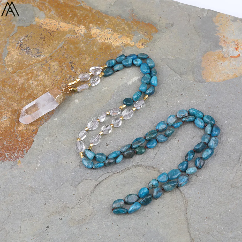 Natural Blue Apatite Nugget Chip Beads Handmade Knot Necklace Women White Quartz Point Bead Yoga Necklace Long 32 Inch