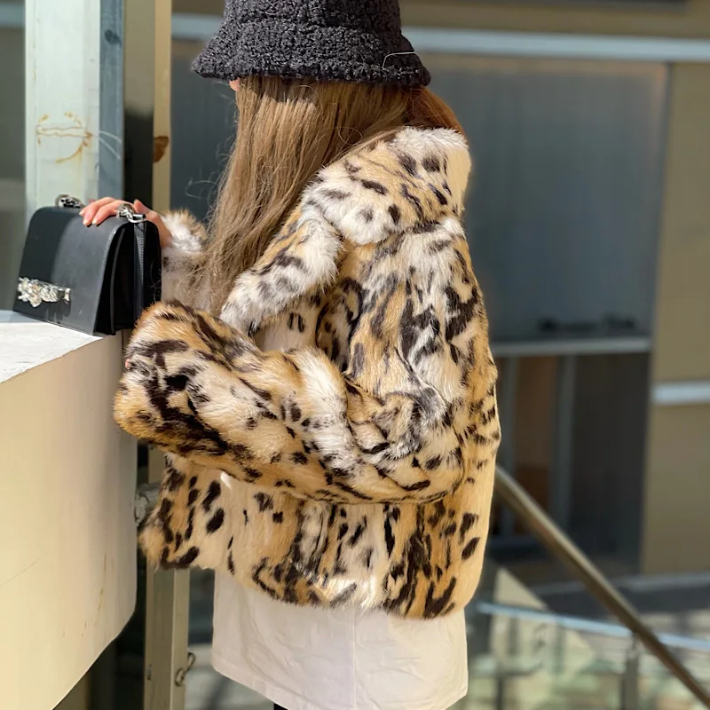 2021 Winter Women Real Rex Rabbit Short Fur Coats   Fashion Long Leopard  Overcoat Simple Warm Ladies Outerwear Luxurious Street