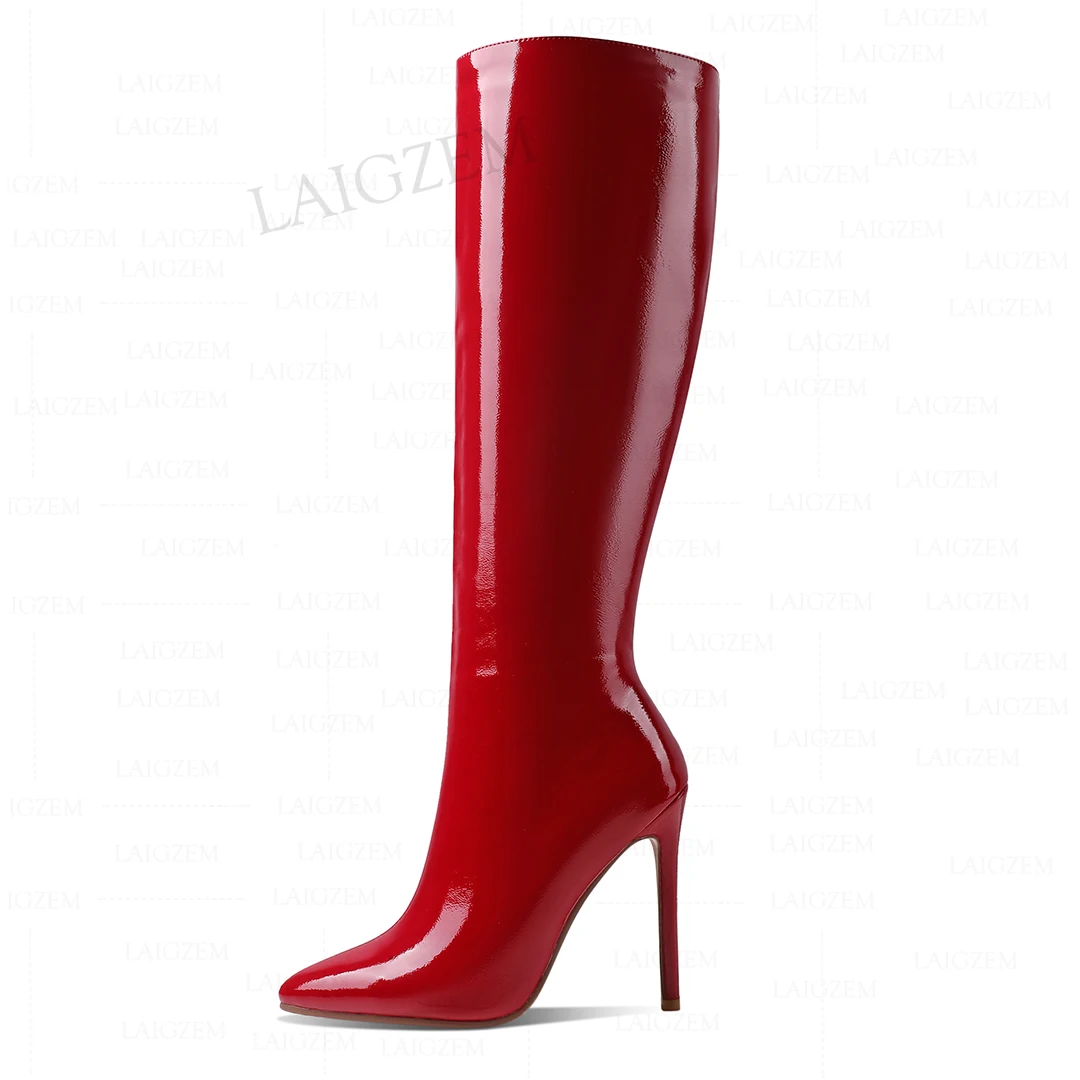 Stivali alti al ginocchio laig[donna Zip laterale punta a punta lucida 12CM-13CM tacchi a spillo tacchi alti scarpe da donna donna taglia grande 39