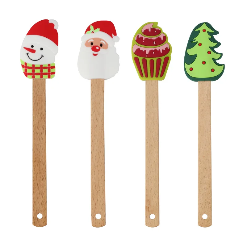 Silicone Cream Spatula Christmas Tree Santa Claus Snowman Cake Mixing Batter Scraper Kitchen Baking Tools with Wooden Handle