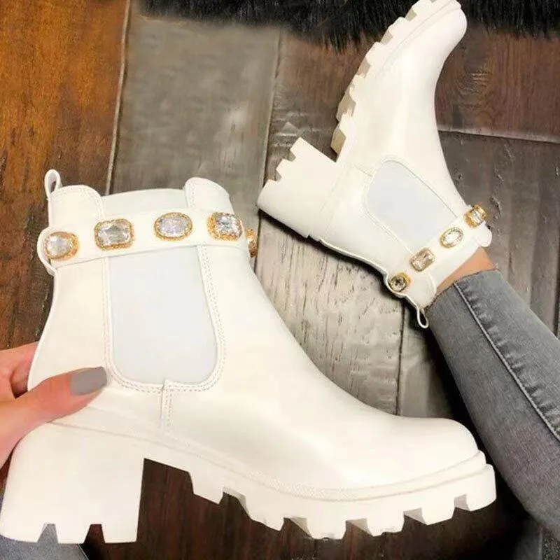 2024 Jesienne nowe damskie czarne buty Metal Rhinestone Belt Buckle Ankle Boots Heel Platform Custom Short Boot for Woman WSH4256