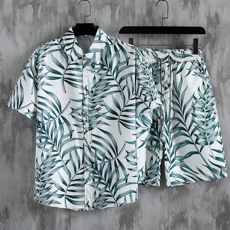 The new INS popular beach shirt suits, short-sleeved shirts and drawstring shorts, Hawaiian print floral men\'s clothes, travel a