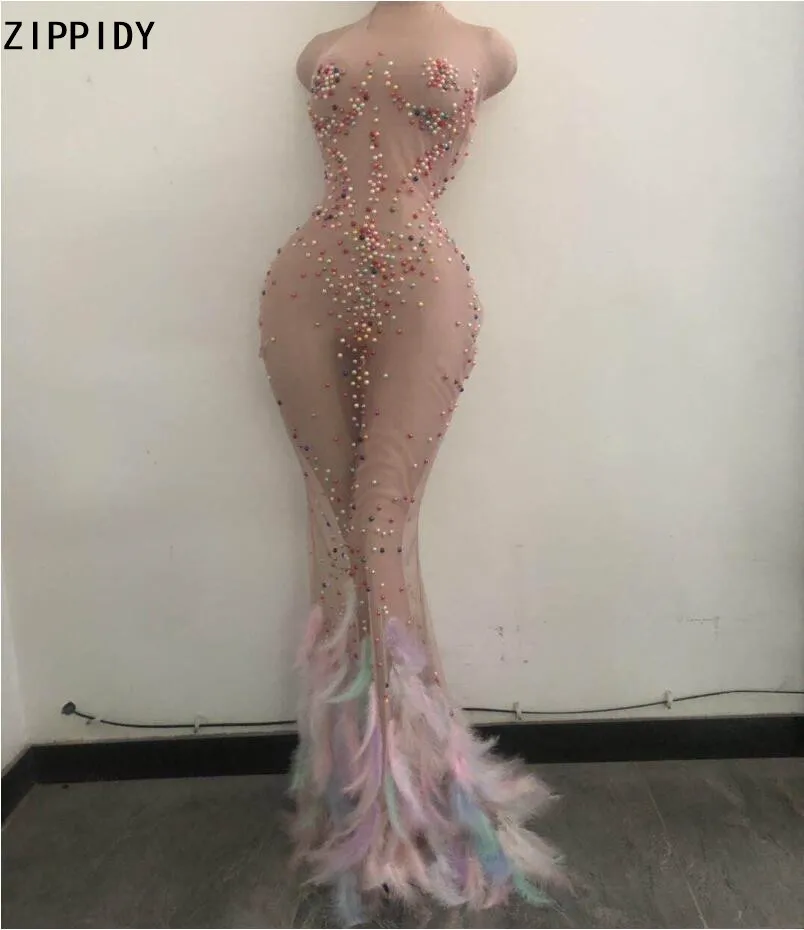 

Transparent Multi-color Pearl Feather Tail Dress Bar Prom Birthday Celebrate Outfit Women Dance Show Long Dress