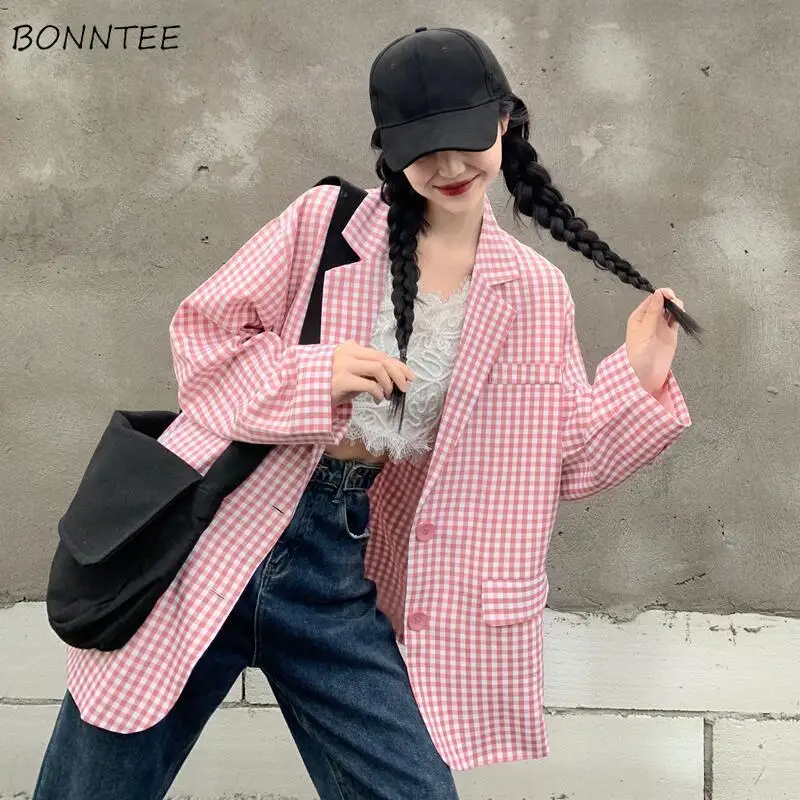 Blazers Vrouwen Mooie Zoete Lichte Kleur Plaid Vrouwelijke Uitloper Losse Meisjes Vintage Koreaanse Verse Student Lange Mouw Single Breasted