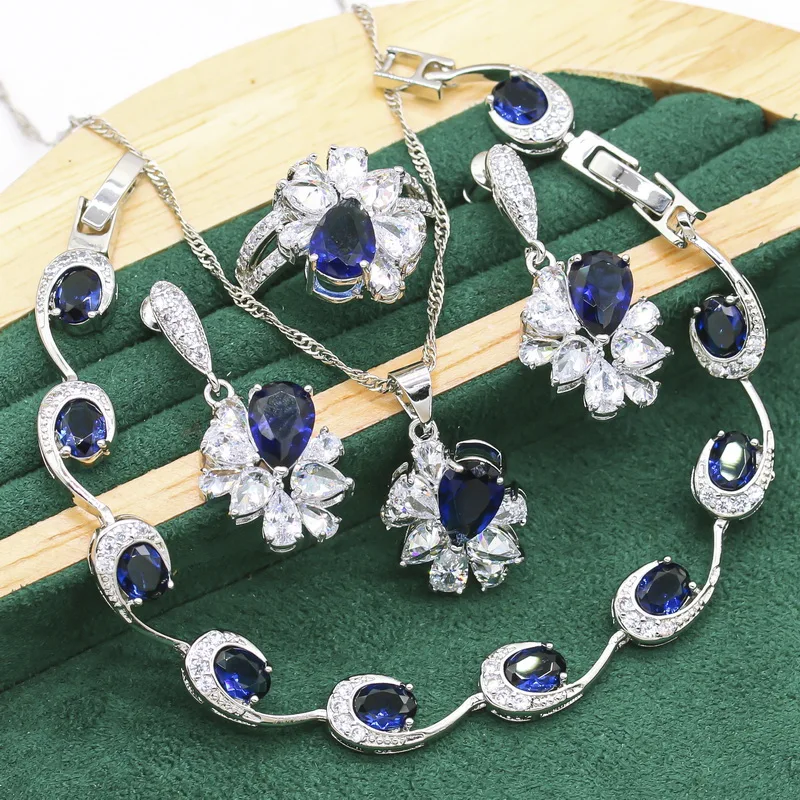 New Arrivals 925 Silver Jewelry Sets For Women Royal Blue Crystal Earrings Necklace Pendant Ring Bracelet Christmas Gift 4PCS