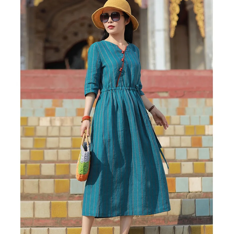 

Summer New Linen Striped Literary Long Dress Dresses For Women 2021 Summer Dress Sundress