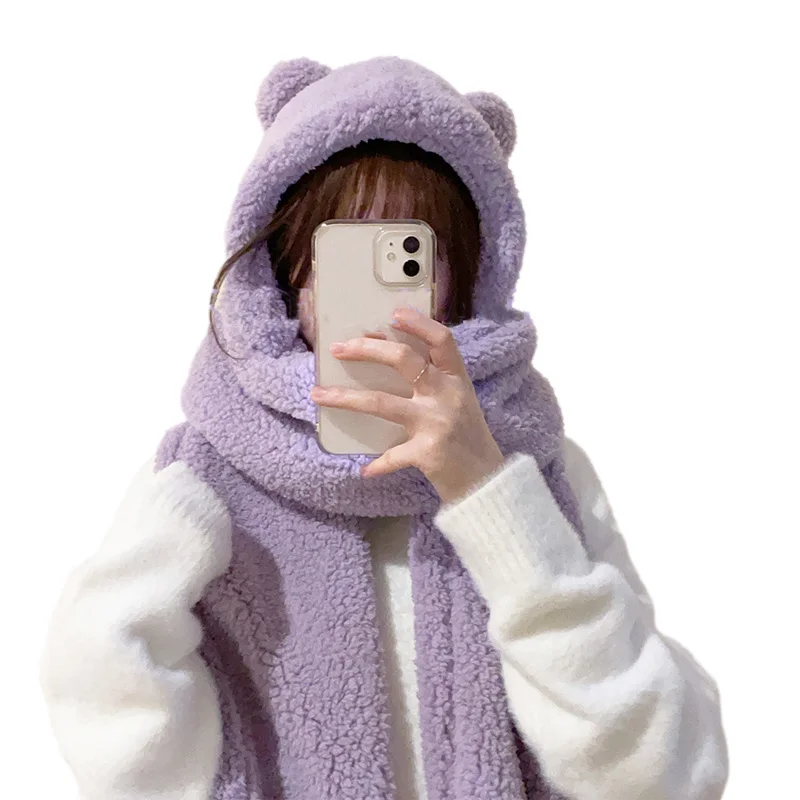 Cute Winter Long Scarf Women Purple Kawaii Bear Ear Hooded Plush Hat Soft Fuzzy Wool Warm Lamb Cashmere Cartoon Animal Scarves