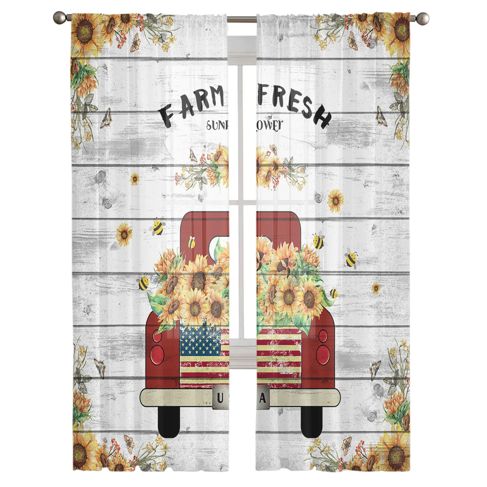 Farm Fresh Vintage Truck Sunflower Farm Plank Sheer Curtains for Living Room Modern Bedroom Voile Tulle Curtain Window Drapes