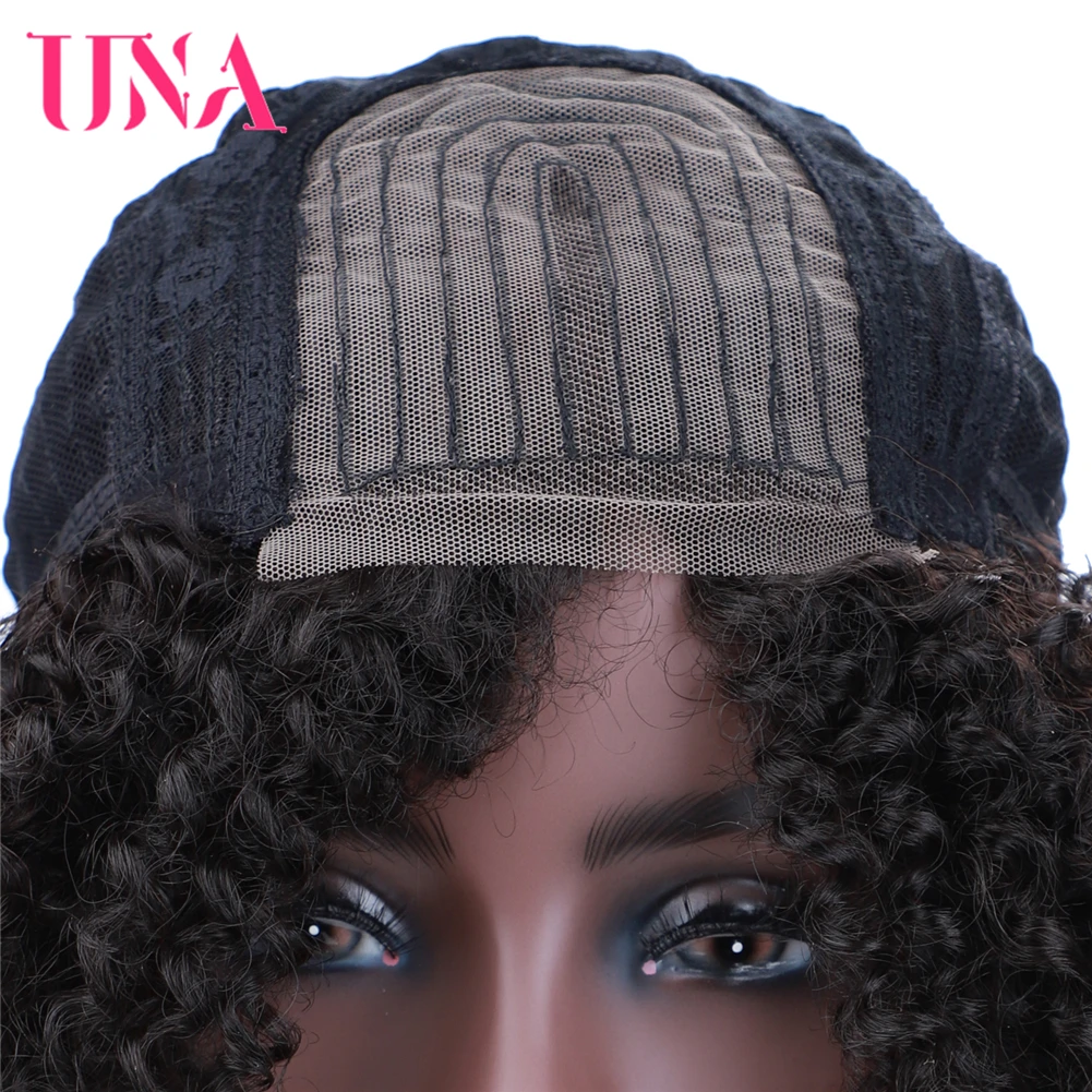 UNAสั้นวิกผมสังเคราะห์Afro Kinky Curlyธรรมชาติลูกไม้กลางวิกผมสำหรับที่มีจำหน่ายสีดำธรรมชาติAfroผมผสม