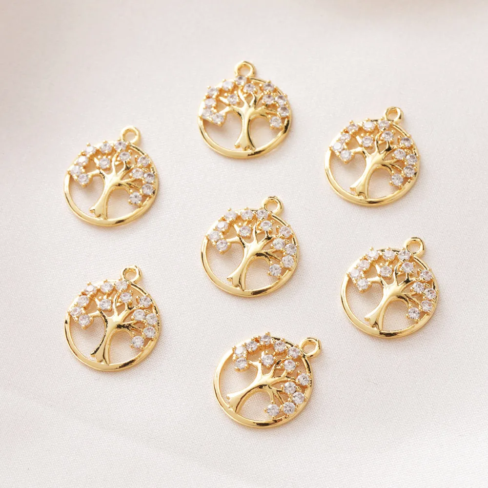 4PCS 14k Gold Plated Tree Shaped Pendant with Zircon Diy Earrings Making Charms Jewelry Findings Supplies Components Accessories