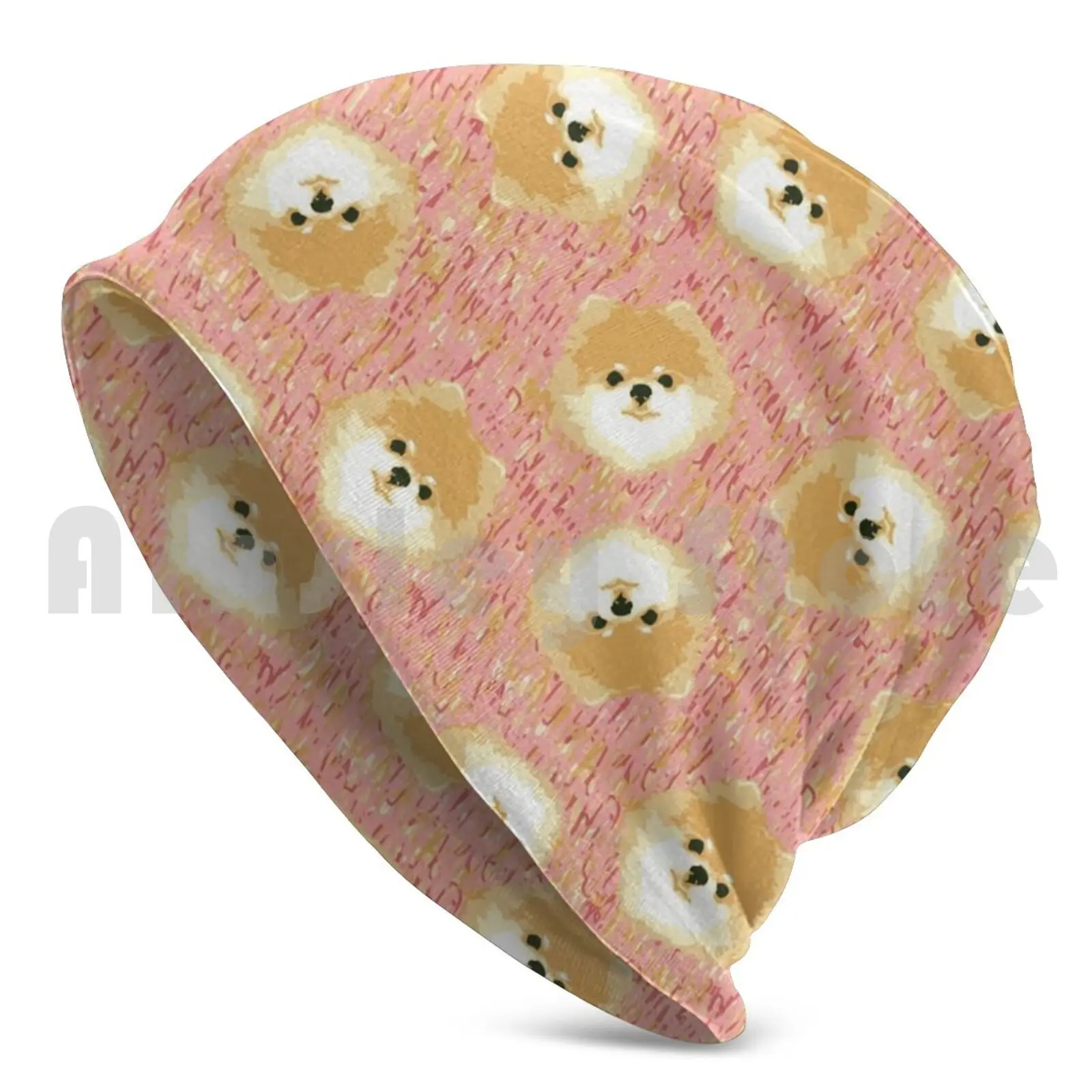 Pomeranians! Beanies Knit Hat 2366 Beanies Print Pomeranian Dog Cream White Beige Pink Scribble Repeating Pattern