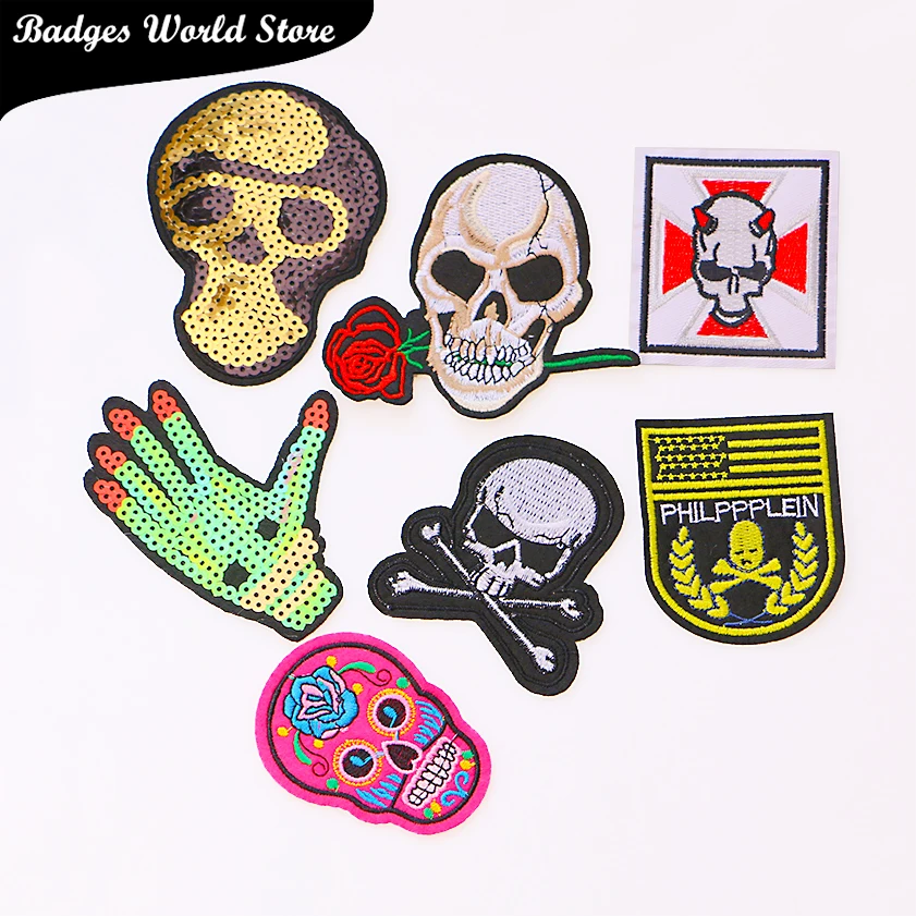 

Epoxy Armband Military Tactical Punk Skull Sequins icon Embroidered Applique Patches For DIY Iron on Badges Stickers on backpack