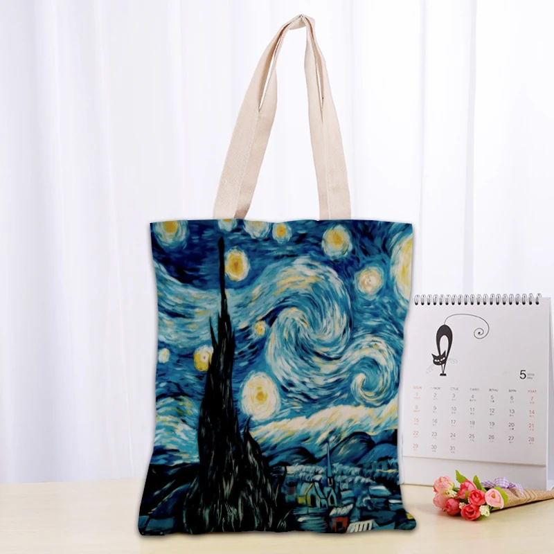 Van Gogh The Starry Night Tote Bag Canvas Fabric Bags Eco Reusable Shopping Bags Traveling Beach Casual Useful Shoulder Bag