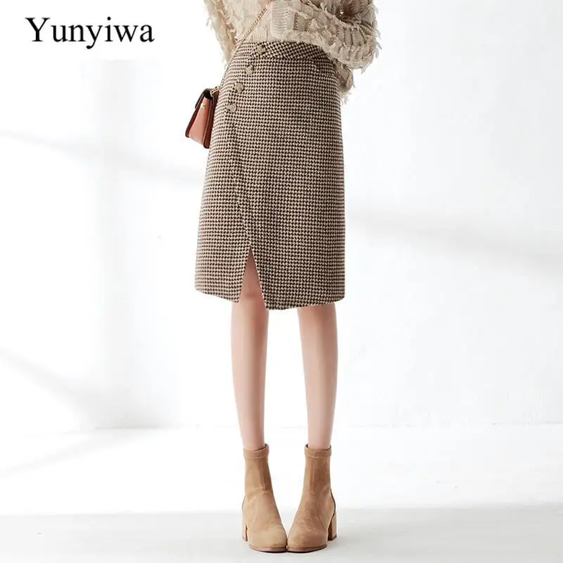Woolen Houndstooth Skirt for Women Autumn Winter 2024 New A- line High Waist Slimming Mid-Length Slit Sheath Skirt Mujer Faldas