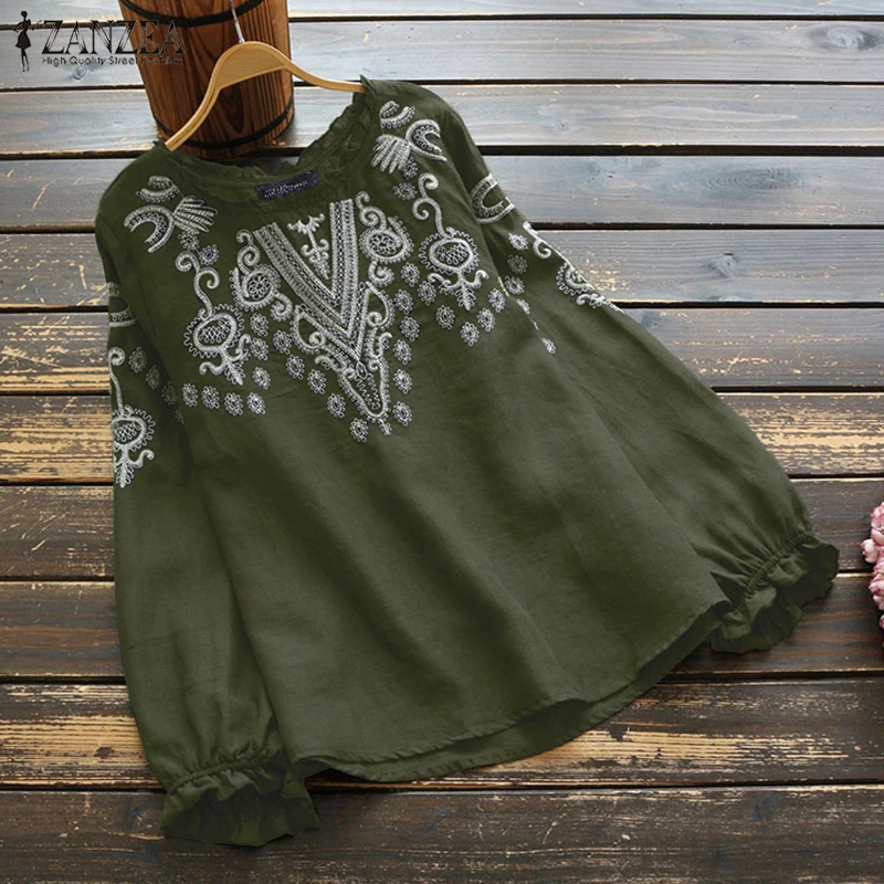 Fashion Ruffle Shirts Women\'s Embroidery Blouse 2023 ZANZEA Casual Long Sleeve Blusas Female O Neck Tunic Oversized Floral Tops