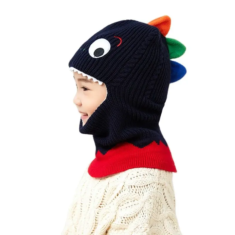 Doitbest 2 to 6 years Boy girl Beanie Protect neck cartoon dinosaur Windproof face Winter Child knit hat kids girls Earflap Caps