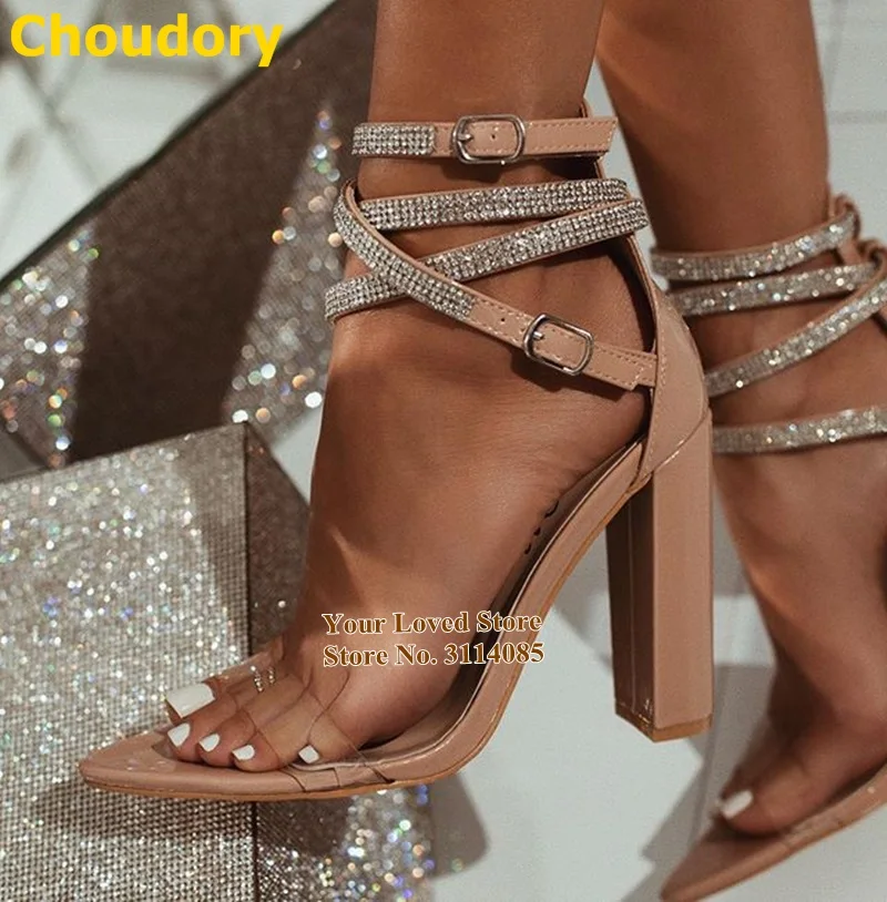 Ladies Nude Silver Patent Leather Chunky Heels Bling Bling Crystal PVC Sandals Cross Strappy Rhinestone Wedding Shoes Size47