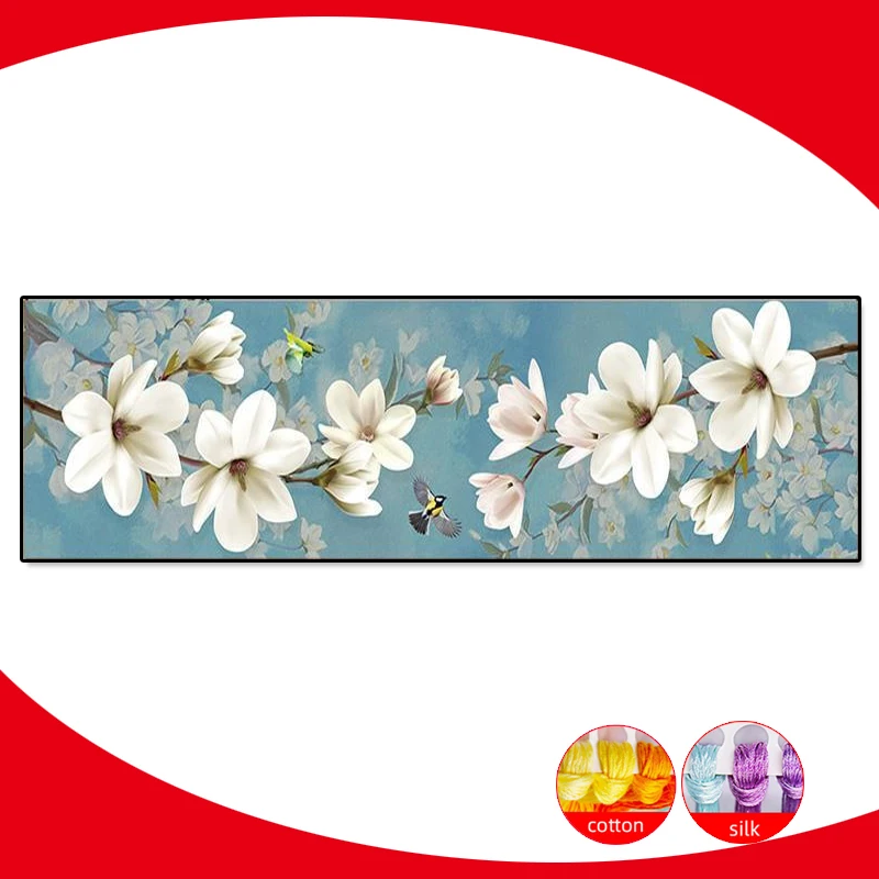 White Magnolia Flower Printed Canvas Cross Stitch Kits 11CT Cotton Thread Embroidery Kit DIY Set Needlework Cross-Stitch Decor