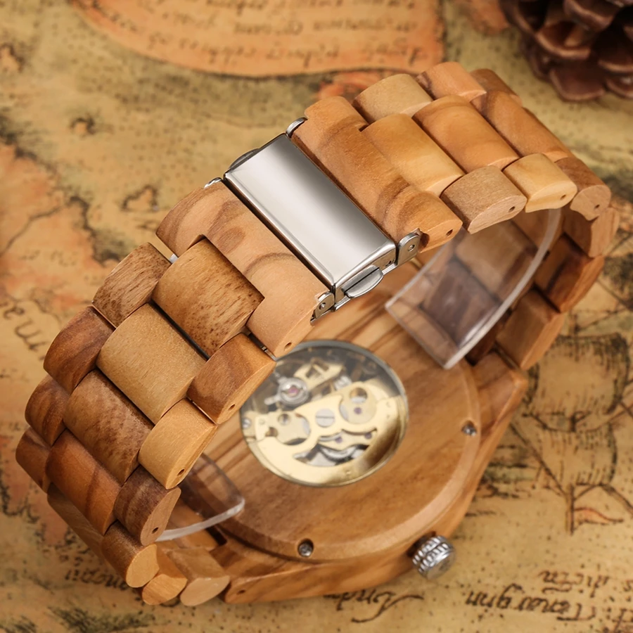 Cherry Wood Mens Watches Retro Hollow Skeleton Dial Automatic Mechanical Wood Clock Adjustable Wooden Bracelet Mens Wristwatch