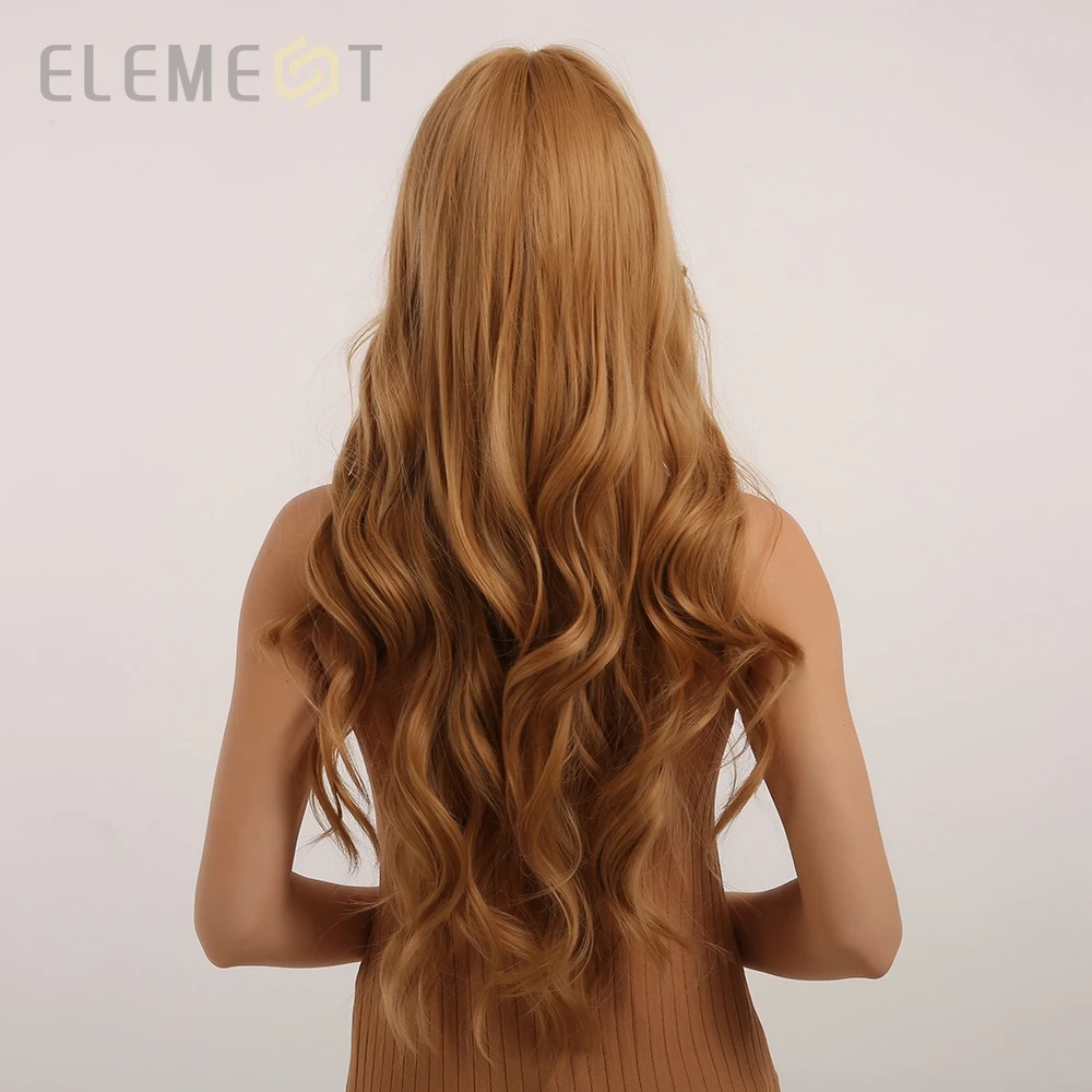 Element Synthetic Long Wavy Golden Blonde Brown Hair Wigs with Bangs Body Wave Curly Wig for Women Daily Natural Heat Resistant