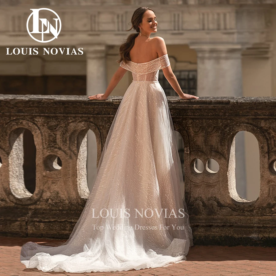 LOUIS NOVIAS A-Line 웨딩 드레스 2022 우아한 비드 스팽글 신부 가운 오프 숄더 v-넥 백리스 플로우 베스티토 Da Sposa