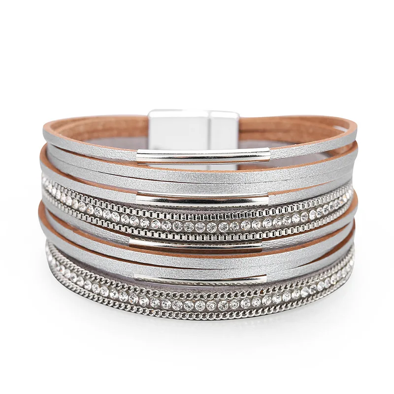 Amorcome Multilayer Leather Wrap Bracelet Handmade Braided Chain Metal Bar Cuff Bangle Magnet Buckle Bracelets for Women Girls