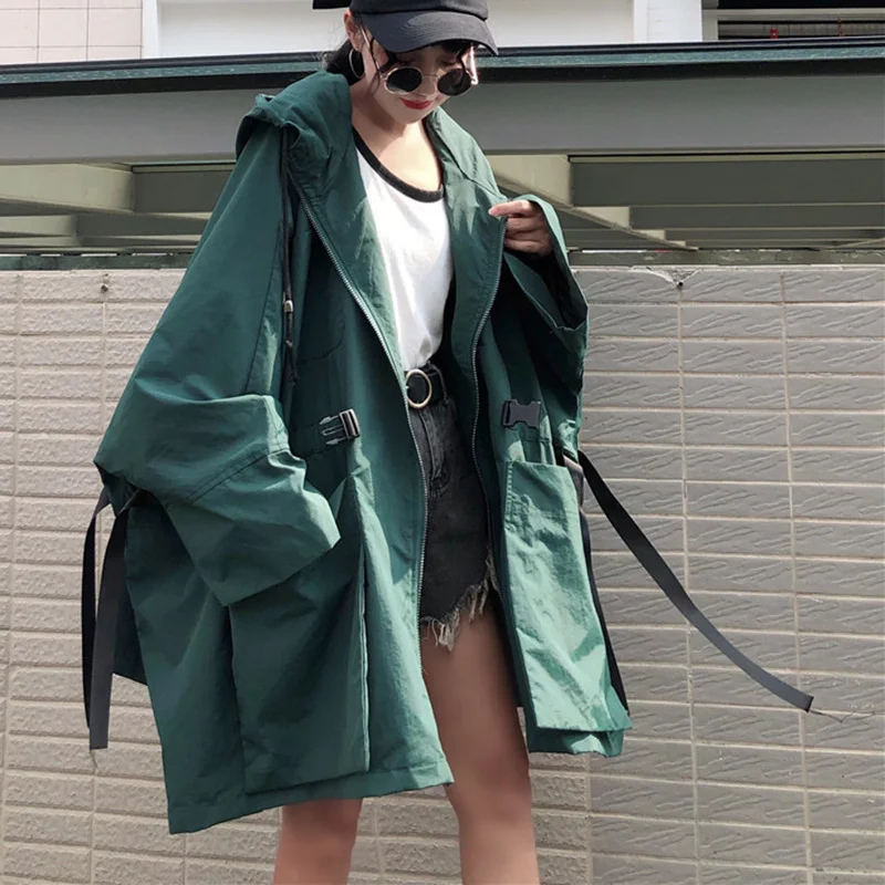 Autumn NICE Harajuku BF Loose Jacket Oversize Streetwear Plus Size Green Hooded Coat Oversize Zipper Windbreaker Coat And Jacket