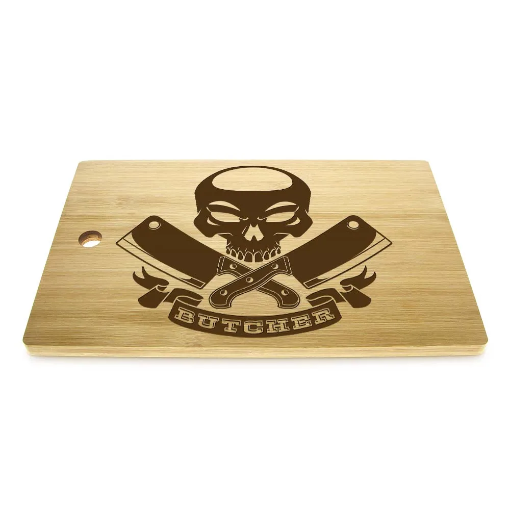 Skull with Crossed Meat Cleavers Custom Engraved Cutting Board Gothic Home Decor Meat Butcher Skull Dead Chef Chopping Block