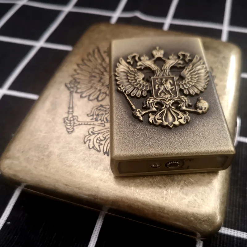 Unique Retro Metal Double-headed Eagle Cigarette Case With Same Gas Lighter Cigaret Pack 20 Cigarette Boxes  Man Smoker Gift