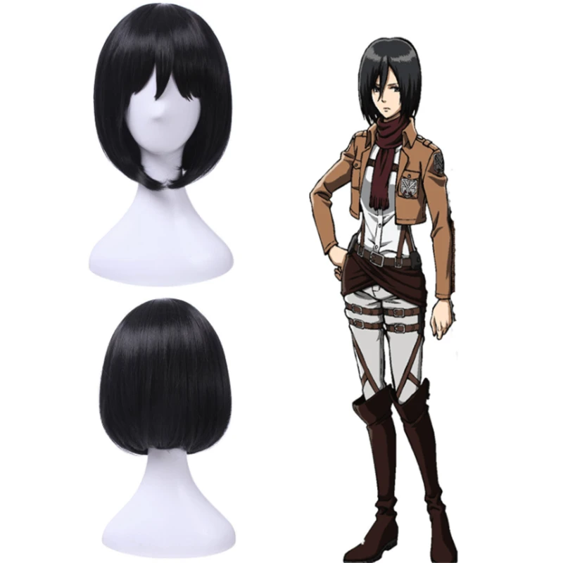 Mikasa Ackerman Bob Wig Black Short Hair Silky Straight Synthetic Wigs Attack on Titan Cosplay Wigs