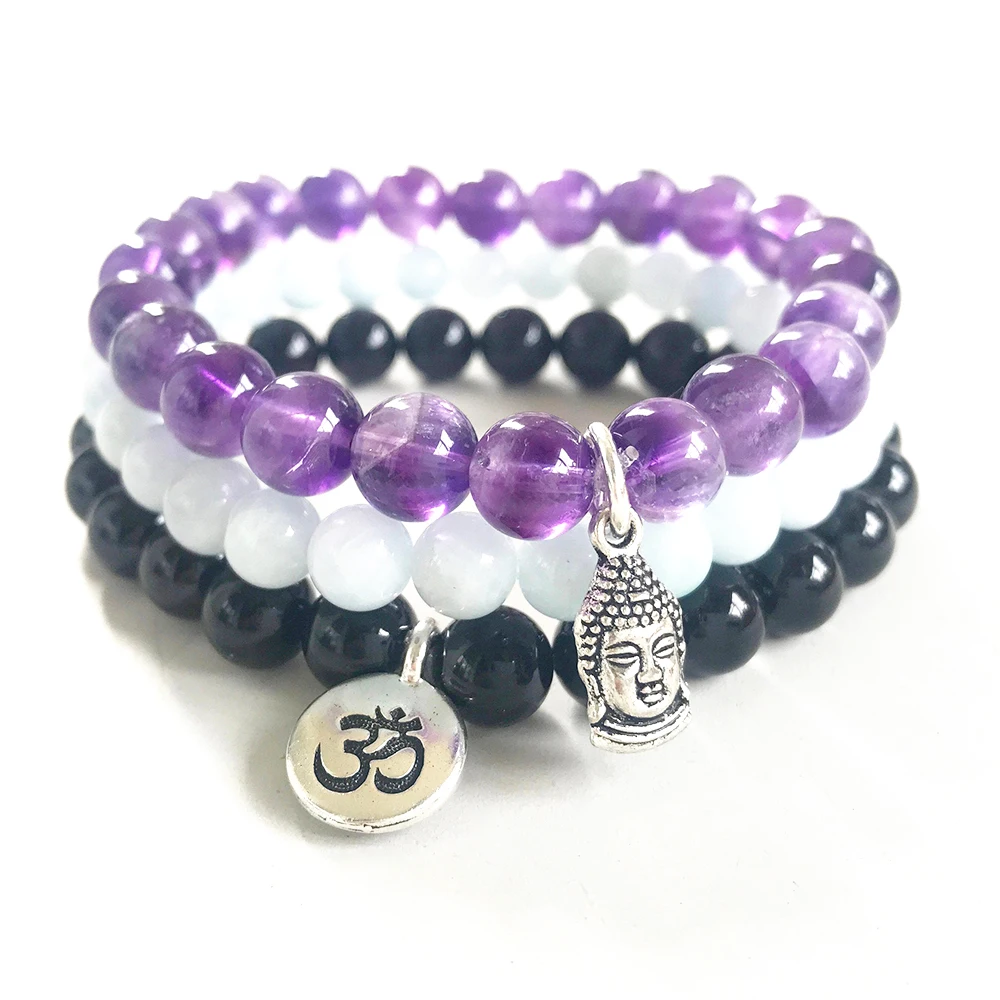 MG0854 New Deisgn Natural Aquamarine Braceelt Black Tourmaline Om Bracelet Trendy Amethyst Buddha Charm Bracelet