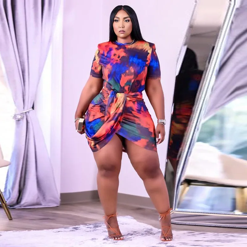 L-4XL women summer clothing 2022 plus size dress fashion sexy tie dye short sleeve irregular mini dresses Wholesale Dropshipping