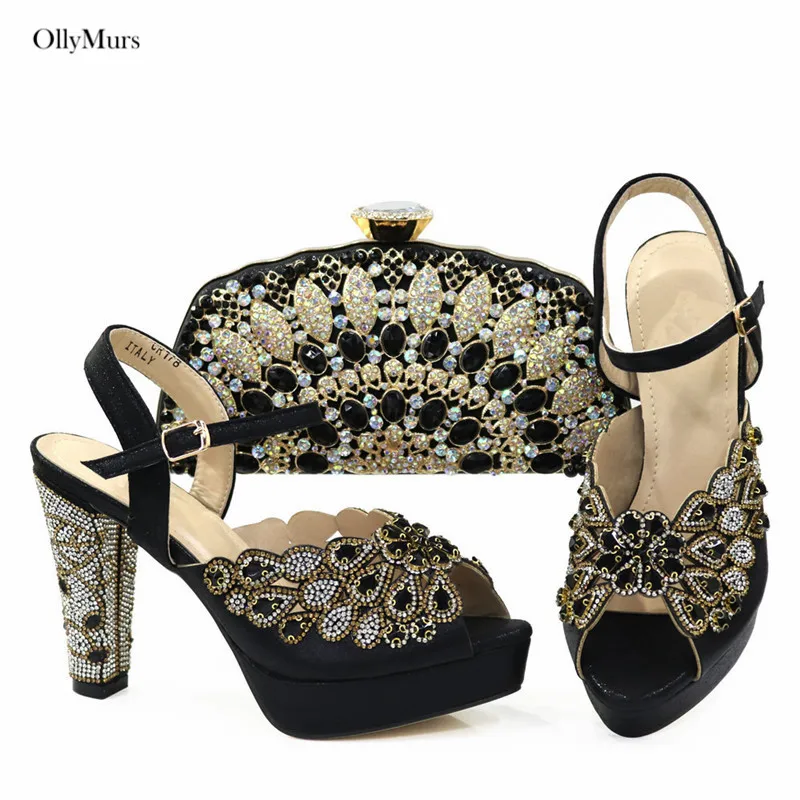 Italian Fashion PU With Crystal Woman Shoes And Bag To Match Set For Party Summer Style High Heels Shoes And Purse Set On Stock