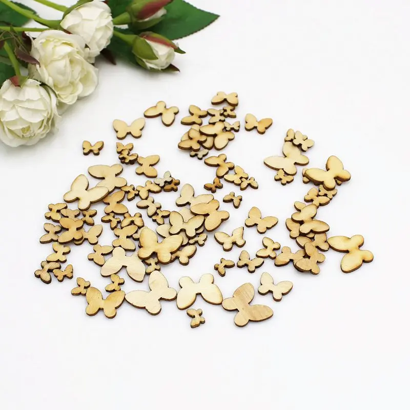 200 pz/pacco fette di legno a farfalla mista artigianato fai da te Scrapbooking decorazioni per la casa ornamenti in legno accessorio fatto a mano