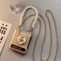 For Samsung Galaxy Z Flip 7 FE 6 5 4 3 Flip7 5G Luxury Bear Stand Bracket Cossbody Long Metal Chain Gold Leather Case Cover