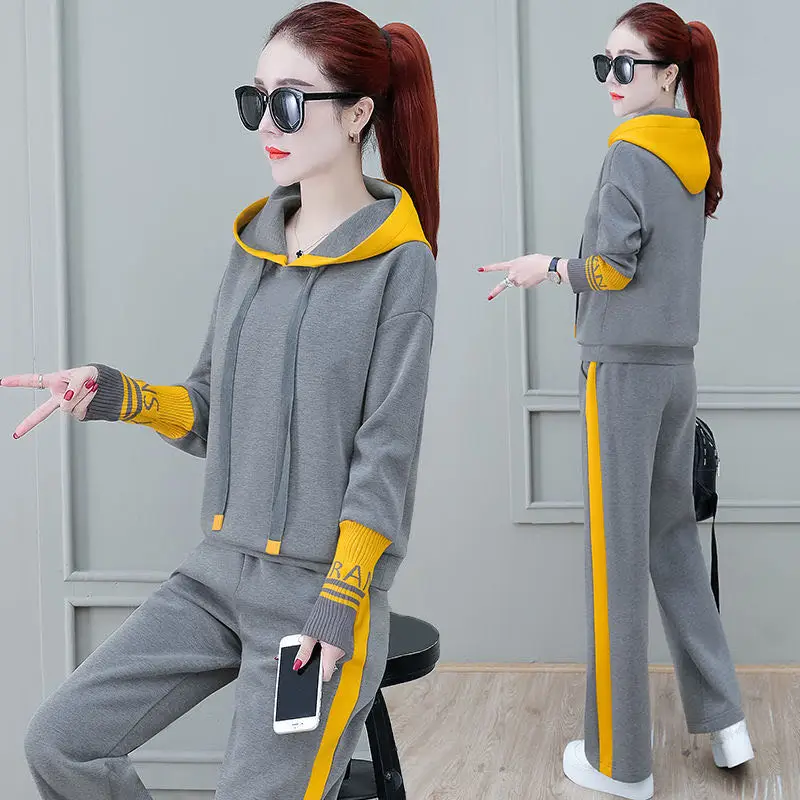 

Exercise Set Women 2021 New Spring And Autumn Female Sportswear With A Hood Teenager Girl Sweatshirt Pant Black Gray 033