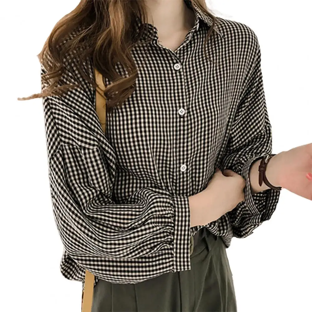 Blouse Women Long Sleeves Loose Female Shirts Lantern Sleeves Plaid Shirt Top Office Lady Blouses Blusas