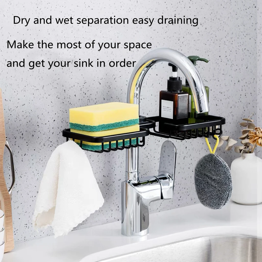 Bathroom Shower Holder Matte Black Household Aluminum Nail-Free Dishcloth Sponge Dual Drain Basket Kitchen Faucet Storage Rack