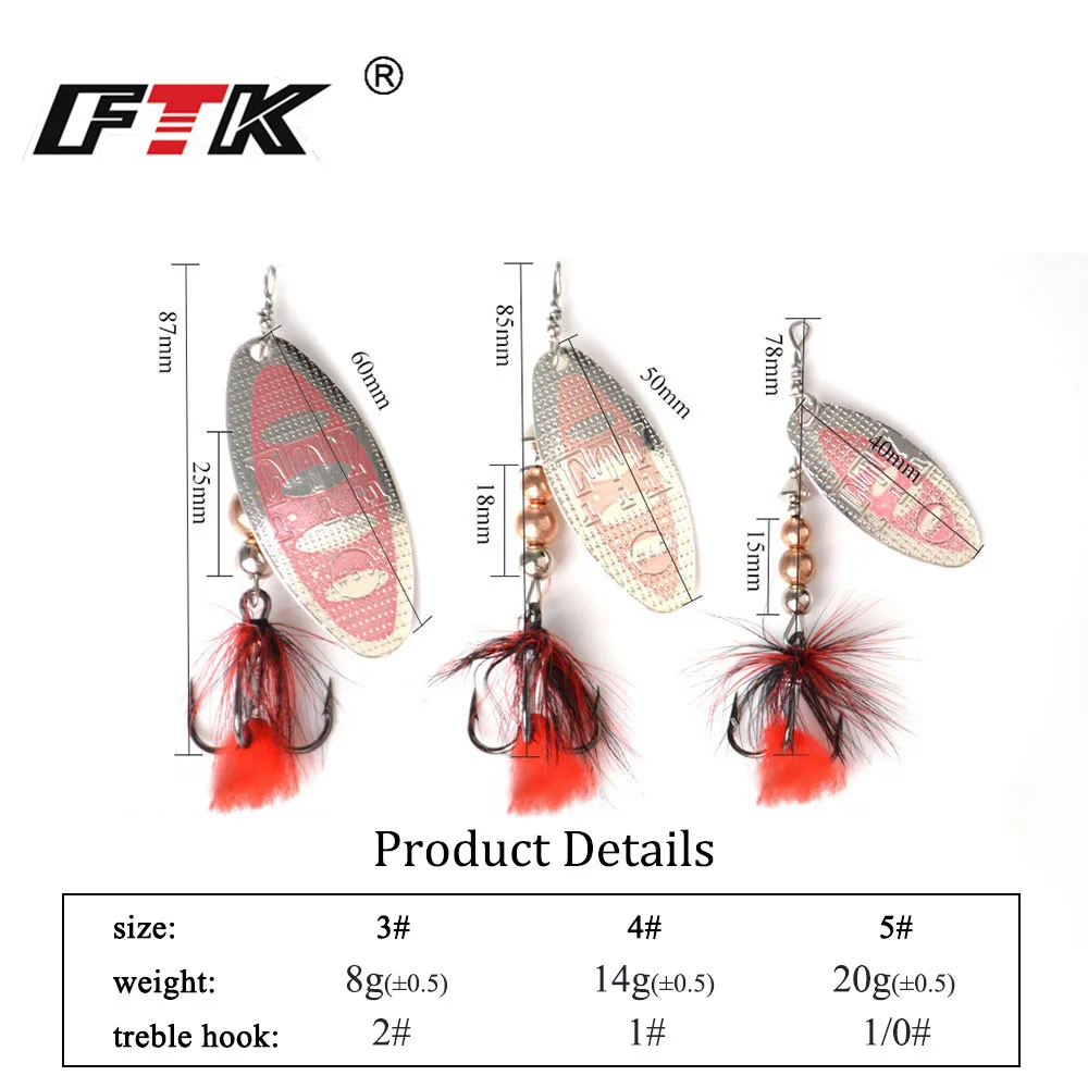 FTK Metal Fishing Lure Spinner Bait 8g/14g/20g Hard Bait Spoon Lures with Feather Treble Hooks Carp Pike Fishing Tackle