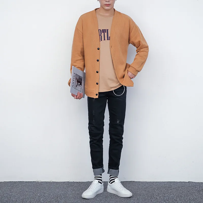 

Autumn And Winter Korean-style Simple Solid Color Loose-Fit Knit Cardigan Men's Casual V-neck Knit Jacket-Men'S Wear