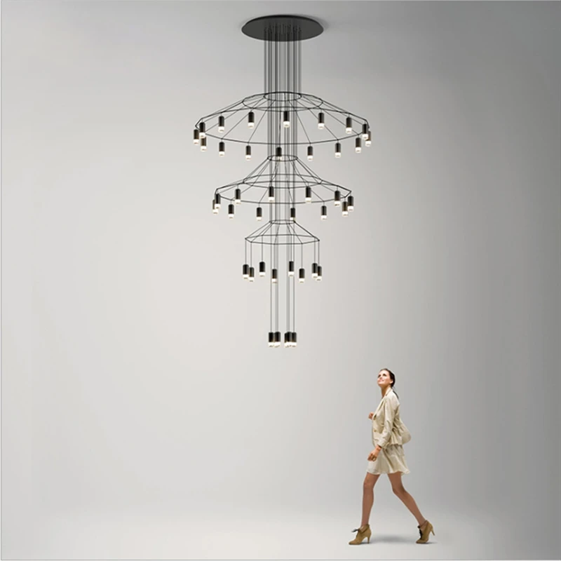 

Postmodern Long Chandelier Black Design Led Wireflow Chandeliers Dining Room Lobby Loft Home Decorate Staircase Rustic Light