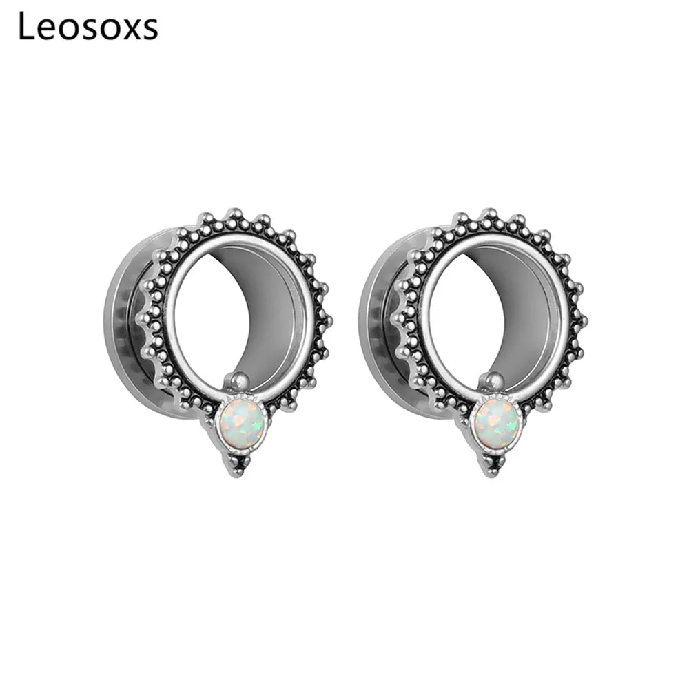 Leosoxs 1 pair Stainless Steel Ear Plugs Opal Ear Tunnels Screw Back Design Body Piercing Jewelry for Women Men