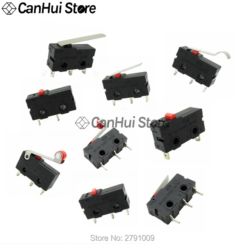 10Pcs Mini Micro Limit Switch NO NC 3 Pins PCB Terminals SPDT 5A 125V 250V 29mm Roller Arc lever Snap Action Push Microswitches