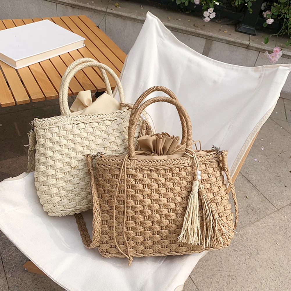 Summer New Fashion Woven Shoulder Crossbody Bag Women Solid Color Casual Ladies Beach Vacation Large Capacity Messenger Handbags